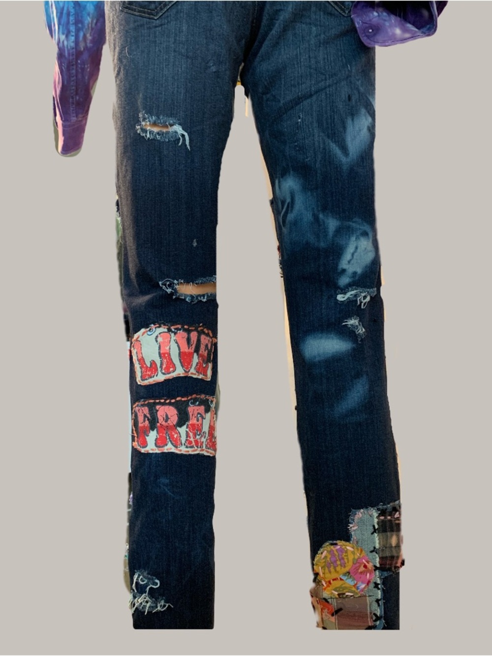 Upcycled Patchwork and Patched Embellished Dark Blue Cigarette Cut Denim Jeans - Picture 12 of 15